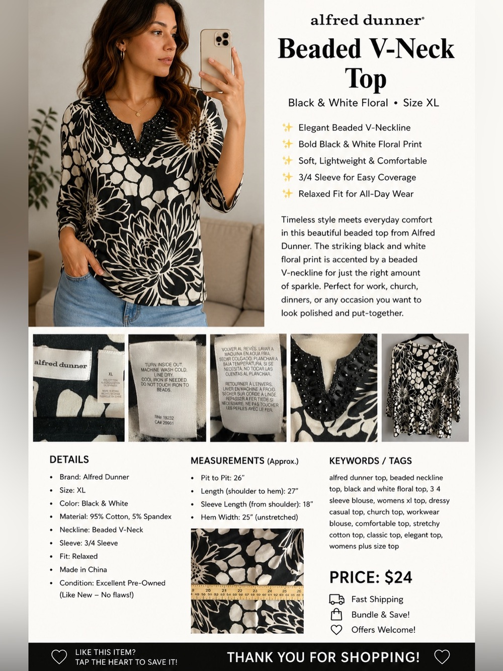 Alfred Dunner Black and White Floral Beaded V-Neck Tunic